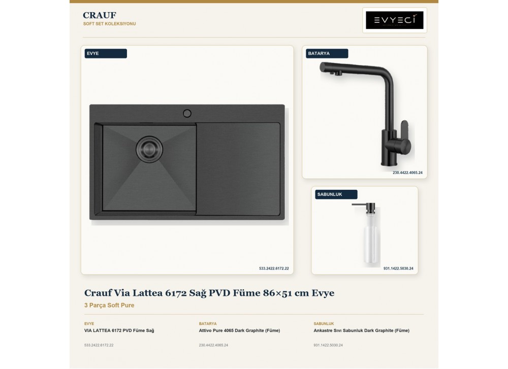 Crauf Via Lattea 6172 Sağ PVD Füme 86×51 cm Evye + Attivo Pure 4065 Batarya + Aynı Renk Sabunluk | 3 Parça Soft Pure Crauf Via Lattea 6172 Sağ PVD Füme 86×51 cm Evye + Attivo Pure 4065 Batarya + Aynı Renk Sabunluk | 3 Parça Soft Pure