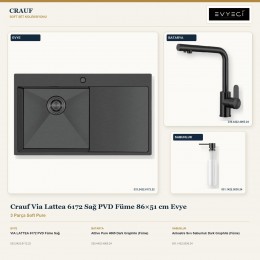Crauf Via Lattea 6172 Sağ PVD Füme 86×51 cm Evye + Attivo Pure 4065 Batarya + Aynı Renk Sabunluk | 3 Parça Soft Pure