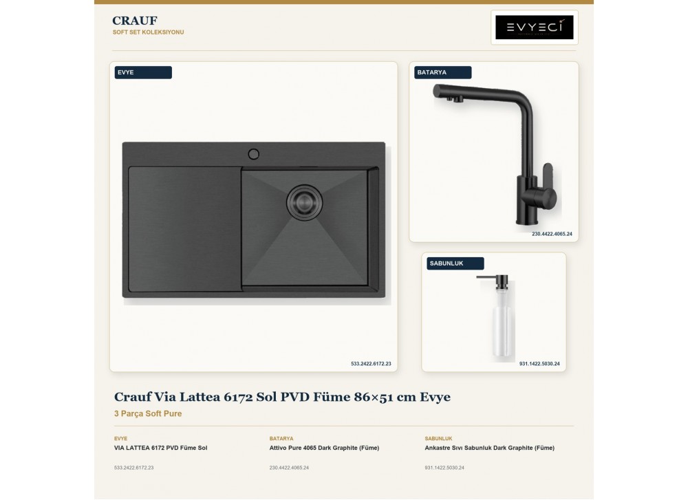Crauf Via Lattea 6172 Sol PVD Füme 86×51 cm Evye + Attivo Pure 4065 Batarya + Aynı Renk Sabunluk | 3 Parça Soft Pure