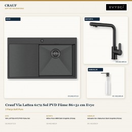 Crauf Via Lattea 6172 Sol PVD Füme 86×51 cm Evye + Attivo Pure 4065 Batarya + Aynı Renk Sabunluk | 3 Parça Soft Pure