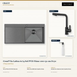 Crauf Via Lattea 6174 Sol PVD Füme 100×51 cm Evye + Attivo Pure 4065 Batarya + Aynı Renk Sabunluk | 3 Parça Soft Pure