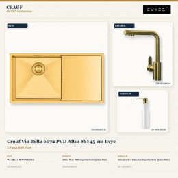 Crauf Via Bella 6072 PVD Altın 86×45 cm Evye + Attivo Pure 4065 Batarya + Aynı Renk Sabunluk | 3 Parça Soft Pure