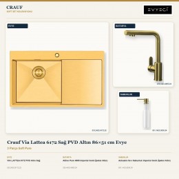 Crauf Via Lattea 6172 Sağ PVD Altın 86×51 cm Evye + Attivo Pure 4065 Batarya + Aynı Renk Sabunluk | 3 Parça Soft Pure
