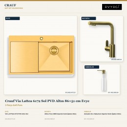 Crauf Via Lattea 6172 Sol PVD Altın 86×51 cm Evye + Attivo Pure 4065 Batarya + Aynı Renk Sabunluk | 3 Parça Soft Pure