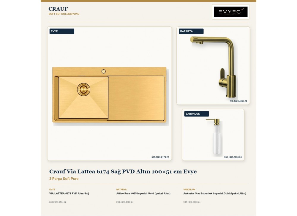 Crauf Via Lattea 6174 Sağ PVD Altın 100×51 cm Evye + Attivo Pure 4065 Batarya + Aynı Renk Sabunluk | 3 Parça Soft Pure Crauf Via Lattea 6174 Sağ PVD Altın 100×51 cm Evye + Attivo Pure 4065 Batarya + Aynı Renk Sabunluk | 3 Parça Soft Pure