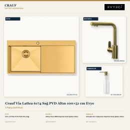 Crauf Via Lattea 6174 Sağ PVD Altın 100×51 cm Evye + Attivo Pure 4065 Batarya + Aynı Renk Sabunluk | 3 Parça Soft Pure