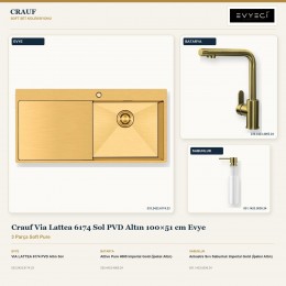Crauf Via Lattea 6174 Sol PVD Altın 100×51 cm Evye + Attivo Pure 4065 Batarya + Aynı Renk Sabunluk | 3 Parça Soft Pure