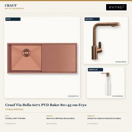 Crauf Via Bella 6071 PVD Bakır 80×45 cm Evye + Attivo Pure 4065 Batarya + Aynı Renk Sabunluk | 3 Parça Soft Pure
