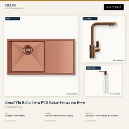 Crauf Via Bella 6072 PVD Bakır 86×45 cm Evye + Attivo Pure 4065 Batarya + Aynı Renk Sabunluk | 3 Parça Soft Pure