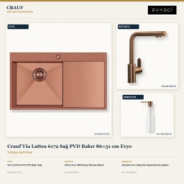 Crauf Via Lattea 6172 Sağ PVD Bakır 86×51 cm Evye + Attivo Pure 4065 Batarya + Aynı Renk Sabunluk | 3 Parça Soft Pure