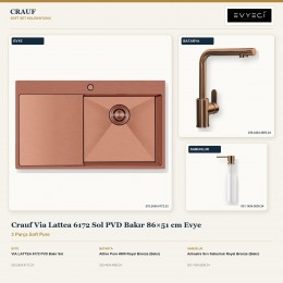 Crauf Via Lattea 6172 Sol PVD Bakır 86×51 cm Evye + Attivo Pure 4065 Batarya + Aynı Renk Sabunluk | 3 Parça Soft Pure
