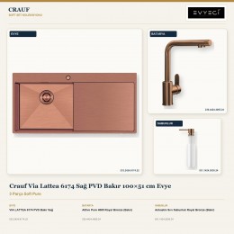 Crauf Via Lattea 6174 Sağ PVD Bakır 100×51 cm Evye + Attivo Pure 4065 Batarya + Aynı Renk Sabunluk | 3 Parça Soft Pure