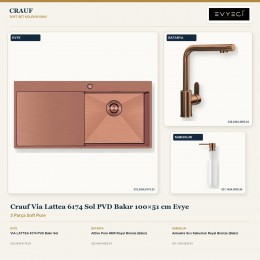 Crauf Via Lattea 6174 Sol PVD Bakır 100×51 cm Evye + Attivo Pure 4065 Batarya + Aynı Renk Sabunluk | 3 Parça Soft Pure