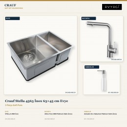 Crauf Stella 4563 İnox 63×45 cm Evye + Attivo Pure 4065 Batarya + Aynı Renk Sabunluk | 3 Parça Soft Pure