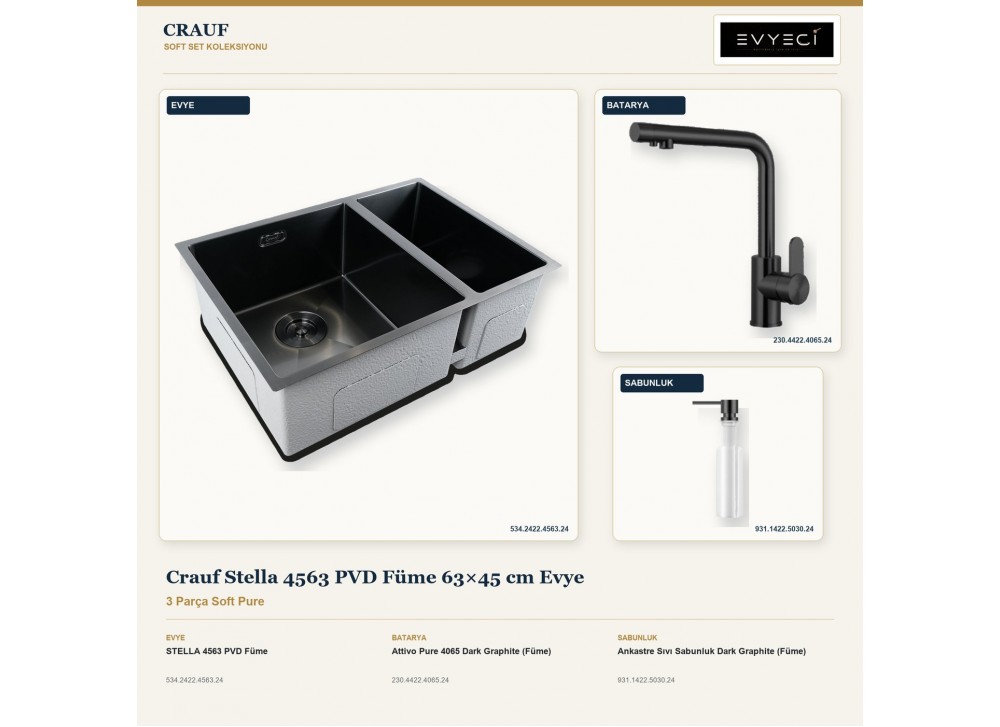 Crauf Stella 4563 PVD Füme 63×45 cm Evye + Attivo Pure 4065 Batarya + Aynı Renk Sabunluk | 3 Parça Soft Pure Crauf Stella 4563 PVD Füme 63×45 cm Evye + Attivo Pure 4065 Batarya + Aynı Renk Sabunluk | 3 Parça Soft Pure