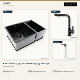 Crauf Stella 4563 PVD Füme 63×45 cm Evye + Attivo Pure 4065 Batarya + Aynı Renk Sabunluk | 3 Parça Soft Pure
