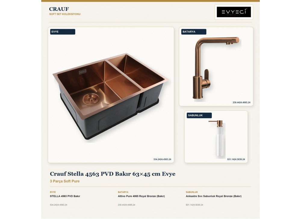 Crauf Stella 4563 PVD Bakır 63×45 cm Evye + Attivo Pure 4065 Batarya + Aynı Renk Sabunluk | 3 Parça Soft Pure Crauf Stella 4563 PVD Bakır 63×45 cm Evye + Attivo Pure 4065 Batarya + Aynı Renk Sabunluk | 3 Parça Soft Pure