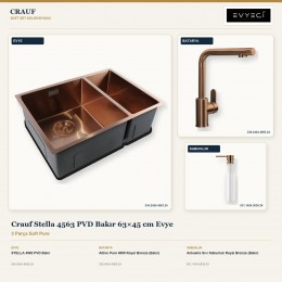 Crauf Stella 4563 PVD Bakır 63×45 cm Evye + Attivo Pure 4065 Batarya + Aynı Renk Sabunluk | 3 Parça Soft Pure
