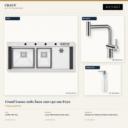 Crauf Lusso 1081 İnox 120×50 cm Evye + Lusso 4035 Batarya + Aynı Renk Sabunluk | 3 Parça Soft Pro