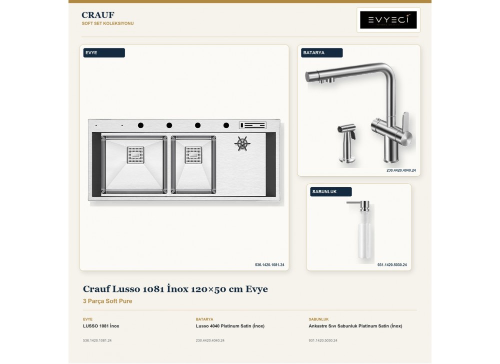 Crauf Lusso 1081 İnox 120×50 cm Evye + Lusso 4040 Batarya + Aynı Renk Sabunluk | 3 Parça Soft Pure Crauf Lusso 1081 İnox 120×50 cm Evye + Lusso 4040 Batarya + Aynı Renk Sabunluk | 3 Parça Soft Pure