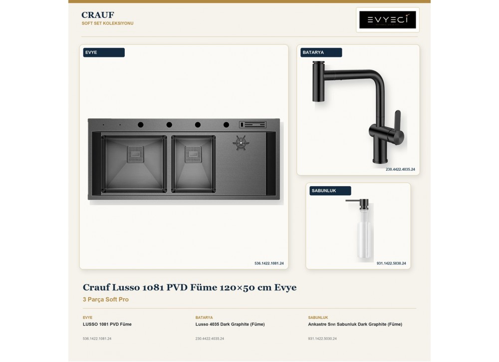Crauf Lusso 1081 PVD Füme 120×50 cm Evye + Lusso 4035 Batarya + Aynı Renk Sabunluk | 3 Parça Soft Pro Crauf Lusso 1081 PVD Füme 120×50 cm Evye + Lusso 4035 Batarya + Aynı Renk Sabunluk | 3 Parça Soft Pro