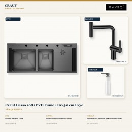 Crauf Lusso 1081 PVD Füme 120×50 cm Evye + Lusso 4035 Batarya + Aynı Renk Sabunluk | 3 Parça Soft Pro