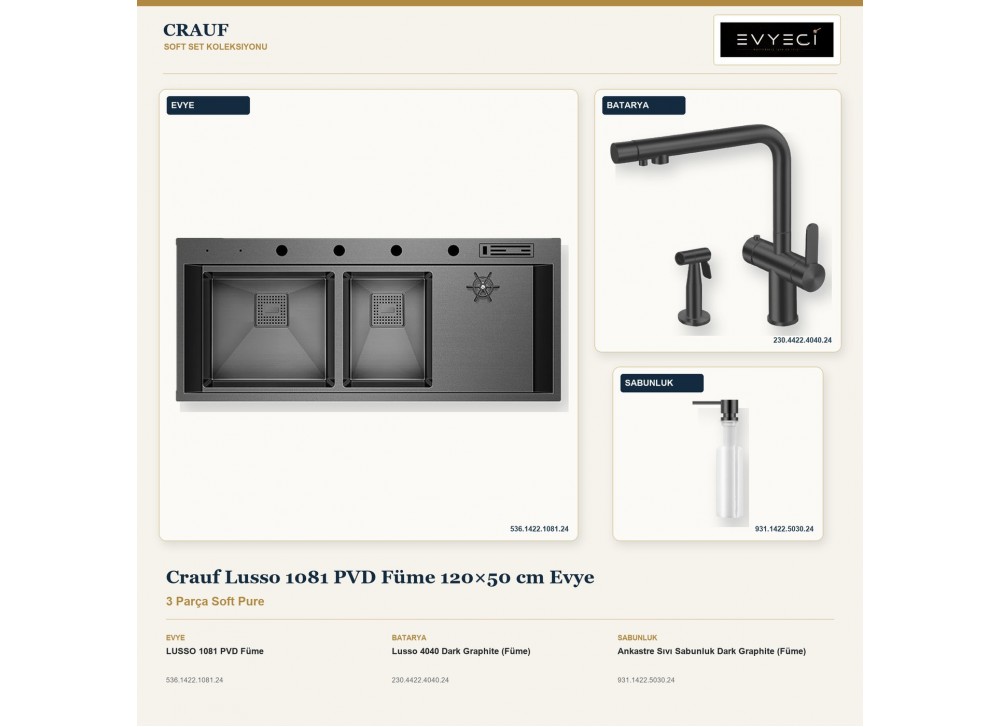 Crauf Lusso 1081 PVD Füme 120×50 cm Evye + Lusso 4040 Batarya + Aynı Renk Sabunluk | 3 Parça Soft Pure Crauf Lusso 1081 PVD Füme 120×50 cm Evye + Lusso 4040 Batarya + Aynı Renk Sabunluk | 3 Parça Soft Pure