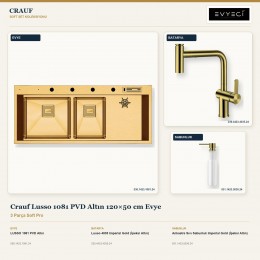 Crauf Lusso 1081 PVD Altın 120×50 cm Evye + Lusso 4035 Batarya + Aynı Renk Sabunluk | 3 Parça Soft Pro