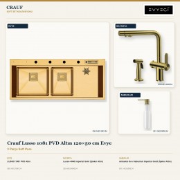 Crauf Lusso 1081 PVD Altın 120×50 cm Evye + Lusso 4040 Batarya + Aynı Renk Sabunluk | 3 Parça Soft Pure