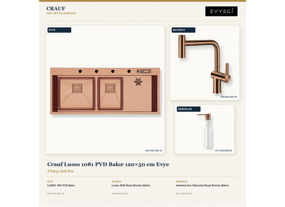 Crauf Lusso 1081 PVD Bakır 120×50 cm Evye + Lusso 4035 Batarya + Aynı Renk Sabunluk | 3 Parça Soft Pro Crauf Lusso 1081 PVD Bakır 120×50 cm Evye + Lusso 4035 Batarya + Aynı Renk Sabunluk | 3 Parça Soft Pro