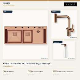 Crauf Lusso 1081 PVD Bakır 120×50 cm Evye + Lusso 4035 Batarya + Aynı Renk Sabunluk | 3 Parça Soft Pro