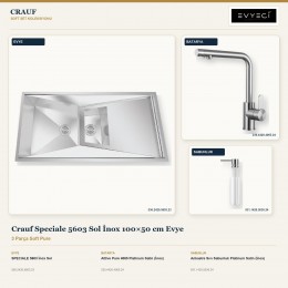 Crauf Speciale 5603 Sol İnox 100×50 cm Evye + Attivo Pure 4065 Batarya + Aynı Renk Sabunluk | 3 Parça Soft Pure