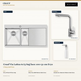 Crauf Via Lattea 6175 Sağ İnox 100×51 cm Evye + Attivo Pure 4065 Batarya + Aynı Renk Sabunluk | 3 Parça Soft Pure