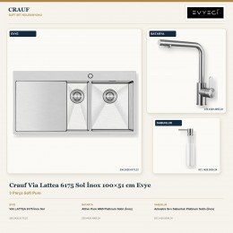 Crauf Via Lattea 6175 Sol İnox 100×51 cm Evye + Attivo Pure 4065 Batarya + Aynı Renk Sabunluk | 3 Parça Soft Pure