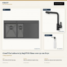 Crauf Via Lattea 6175 Sağ PVD Füme 100×51 cm Evye + Attivo Pure 4065 Batarya + Aynı Renk Sabunluk | 3 Parça Soft Pure