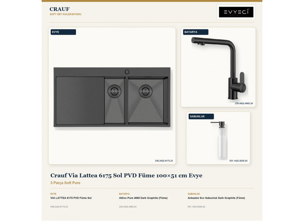 Crauf Via Lattea 6175 Sol PVD Füme 100×51 cm Evye + Attivo Pure 4065 Batarya + Aynı Renk Sabunluk | 3 Parça Soft Pure Crauf Via Lattea 6175 Sol PVD Füme 100×51 cm Evye + Attivo Pure 4065 Batarya + Aynı Renk Sabunluk | 3 Parça Soft Pure