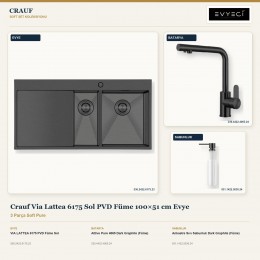 Crauf Via Lattea 6175 Sol PVD Füme 100×51 cm Evye + Attivo Pure 4065 Batarya + Aynı Renk Sabunluk | 3 Parça Soft Pure