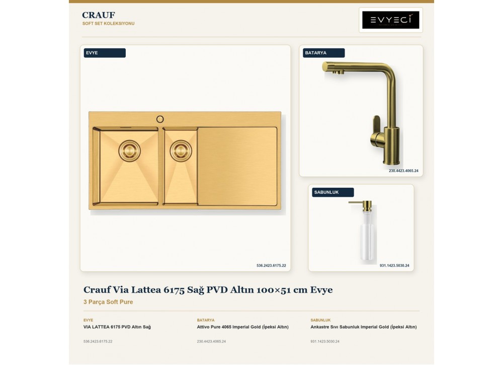 Crauf Via Lattea 6175 Sağ PVD Altın 100×51 cm Evye + Attivo Pure 4065 Batarya + Aynı Renk Sabunluk | 3 Parça Soft Pure Crauf Via Lattea 6175 Sağ PVD Altın 100×51 cm Evye + Attivo Pure 4065 Batarya + Aynı Renk Sabunluk | 3 Parça Soft Pure