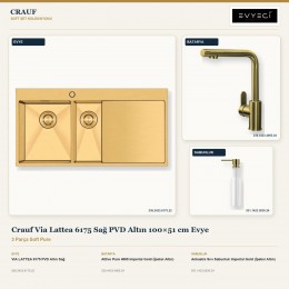 Crauf Via Lattea 6175 Sağ PVD Altın 100×51 cm Evye + Attivo Pure 4065 Batarya + Aynı Renk Sabunluk | 3 Parça Soft Pure