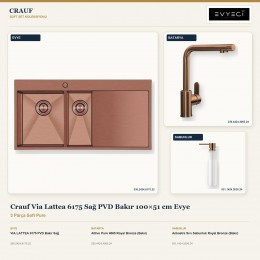 Crauf Via Lattea 6175 Sağ PVD Bakır 100×51 cm Evye + Attivo Pure 4065 Batarya + Aynı Renk Sabunluk | 3 Parça Soft Pure