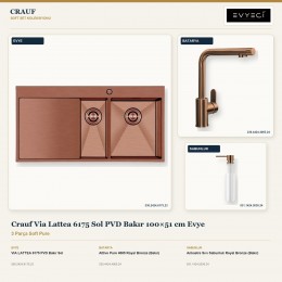 Crauf Via Lattea 6175 Sol PVD Bakır 100×51 cm Evye + Attivo Pure 4065 Batarya + Aynı Renk Sabunluk | 3 Parça Soft Pure