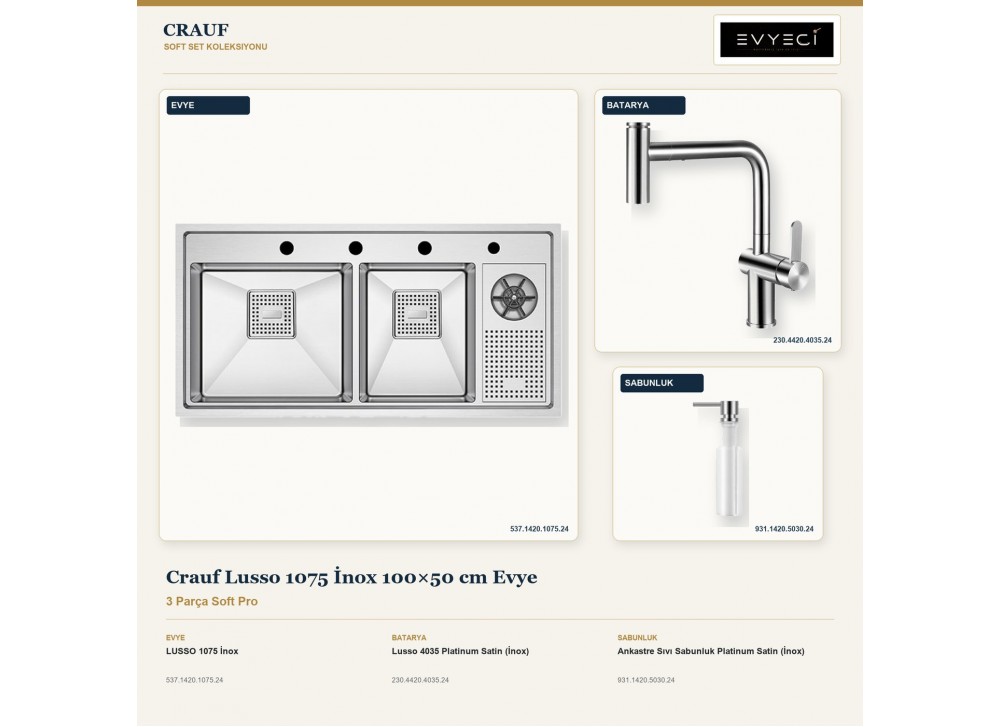 Crauf Lusso 1075 İnox 100×50 cm Evye + Lusso 4035 Batarya + Aynı Renk Sabunluk | 3 Parça Soft Pro Crauf Lusso 1075 İnox 100×50 cm Evye + Lusso 4035 Batarya + Aynı Renk Sabunluk | 3 Parça Soft Pro
