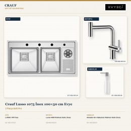 Crauf Lusso 1075 İnox 100×50 cm Evye + Lusso 4035 Batarya + Aynı Renk Sabunluk | 3 Parça Soft Pro