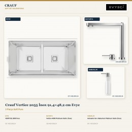 Crauf Vertice 2055 İnox 91,4×48,2 cm Evye + Vertice 4055 Batarya + Aynı Renk Sabunluk | 3 Parça Soft Pure