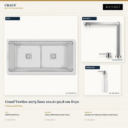 Crauf Vertice 2075 İnox 101,6×50,8 cm Evye + Vertice 4055 Batarya + Aynı Renk Sabunluk | 3 Parça Soft Pure