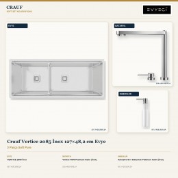 Crauf Vertice 2085 İnox 127×48,2 cm Evye + Vertice 4055 Batarya + Aynı Renk Sabunluk | 3 Parça Soft Pure
