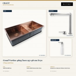 Crauf Vertice 4895 İnox 95×48 cm Evye + Vertice 4055 Batarya + Aynı Renk Sabunluk | 3 Parça Soft Pure