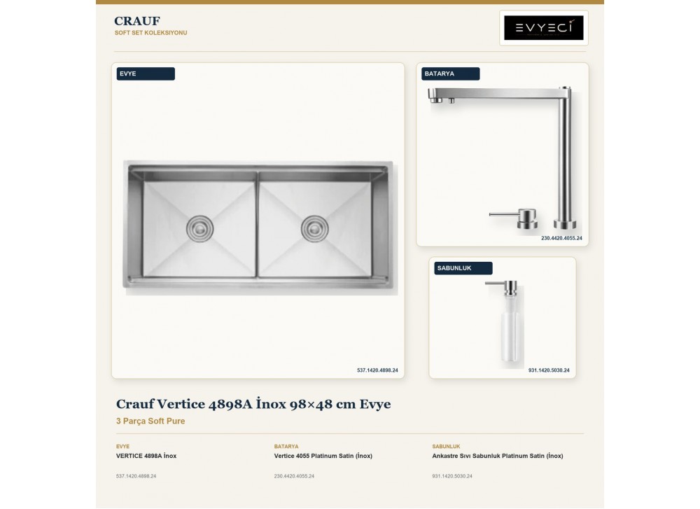 Crauf Vertice 4898A İnox 98×48 cm Evye + Vertice 4055 Batarya + Aynı Renk Sabunluk | 3 Parça Soft Pure Crauf Vertice 4898A İnox 98×48 cm Evye + Vertice 4055 Batarya + Aynı Renk Sabunluk | 3 Parça Soft Pure