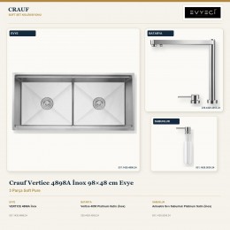 Crauf Vertice 4898A İnox 98×48 cm Evye + Vertice 4055 Batarya + Aynı Renk Sabunluk | 3 Parça Soft Pure