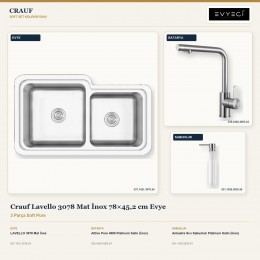 Crauf Lavello 3078 Mat İnox 78×45,2 cm Evye + Attivo Pure 4065 Batarya + Aynı Renk Sabunluk | 3 Parça Soft Pure
